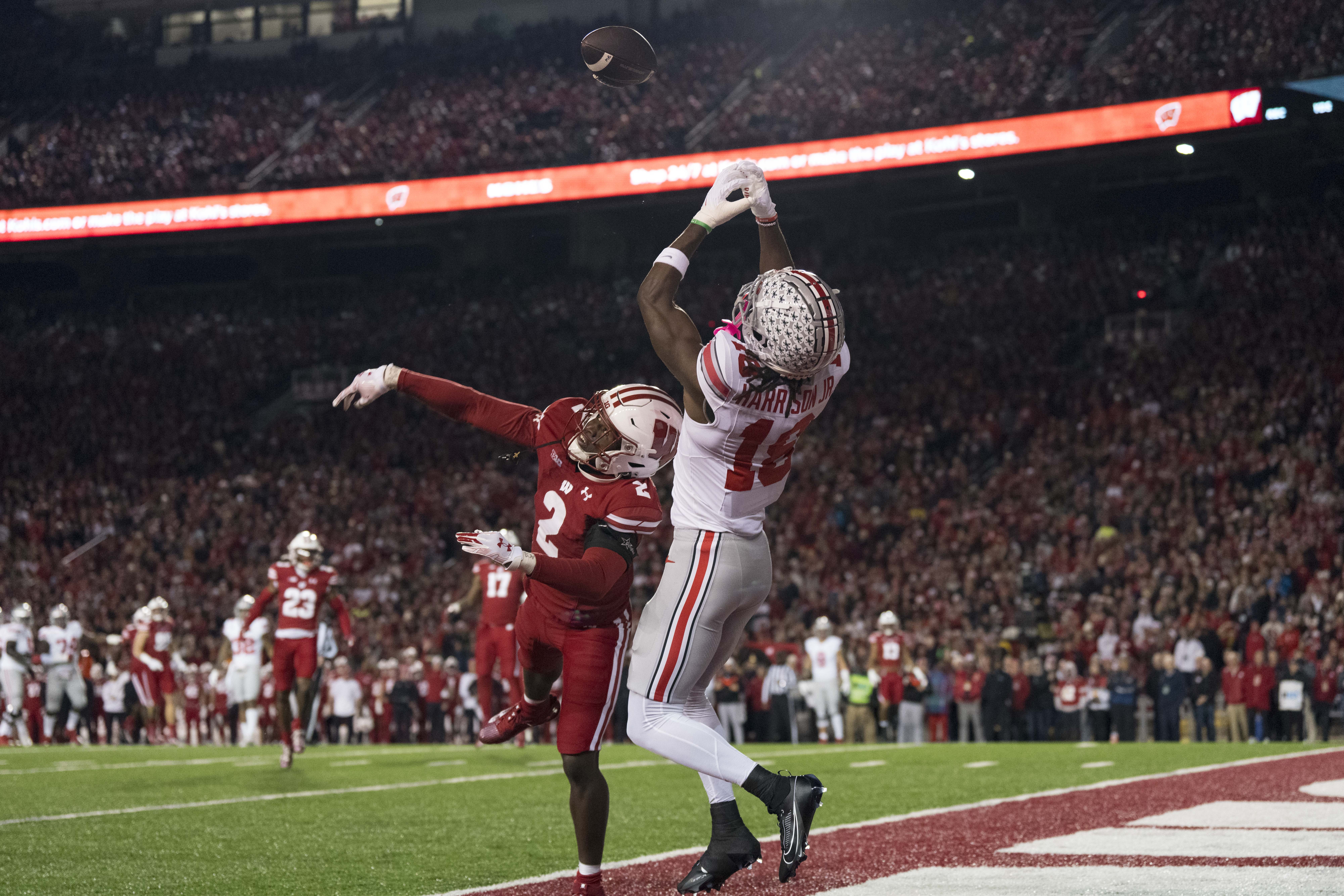 Marvin Harrison Jr. jumps to catch the ball in the endzone
